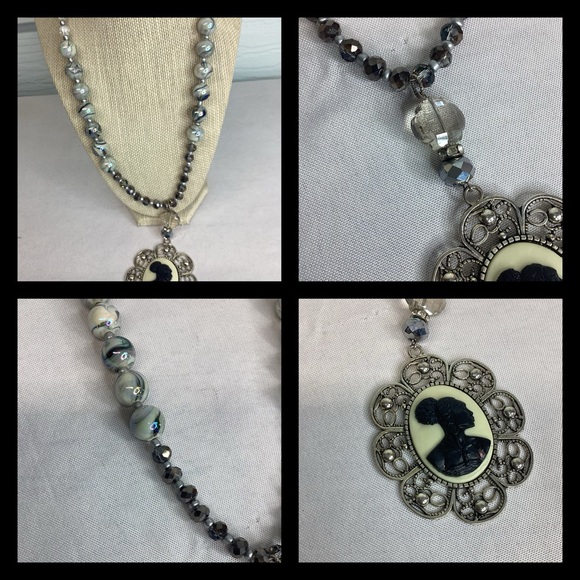 Elegant Black and Silver Cameo Pendant Necklace - Picture 3 of 5